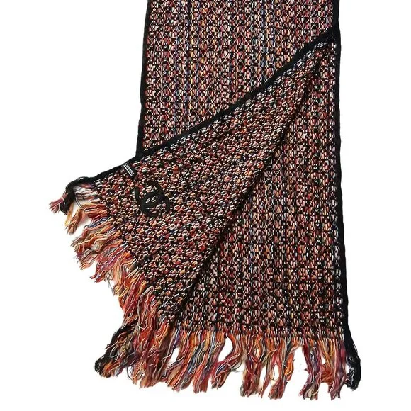 CHANEL Luxury Vintage Black & Red Multi-Color Woven Fringed Shawl Wrap Scarf - Picture 2 of 15